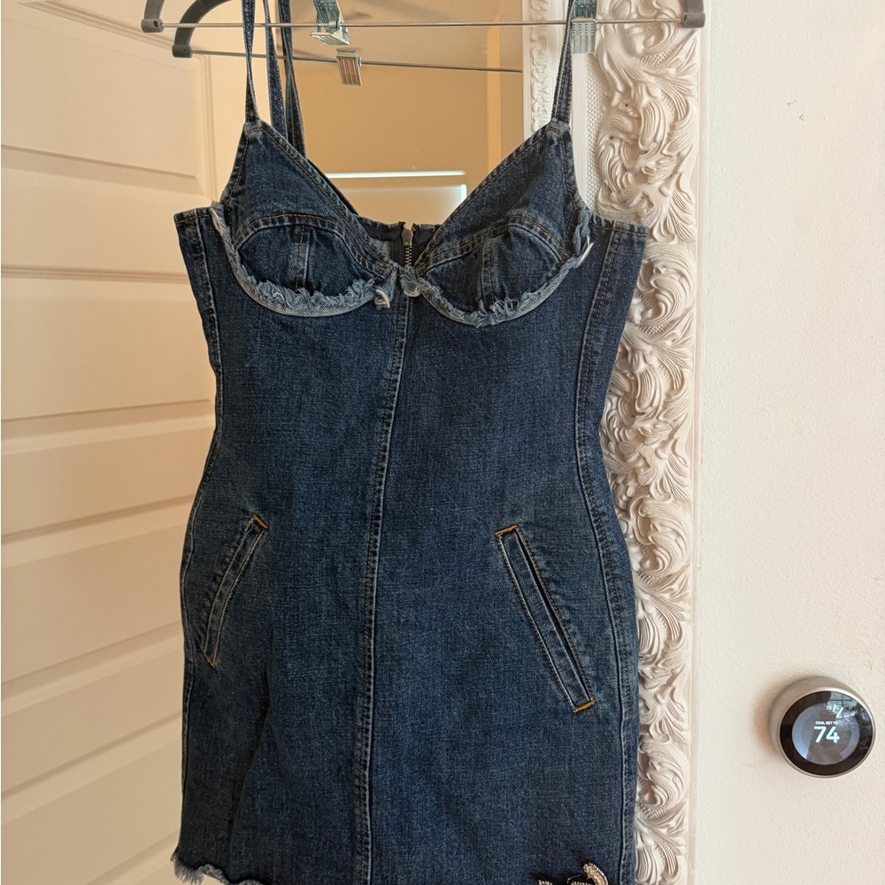 Denim Mini Dress with Frayed Hem